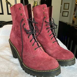 Women’s Dr. Martens boots. Size 10. High, chunky heel. Pinkish-plum color suede.